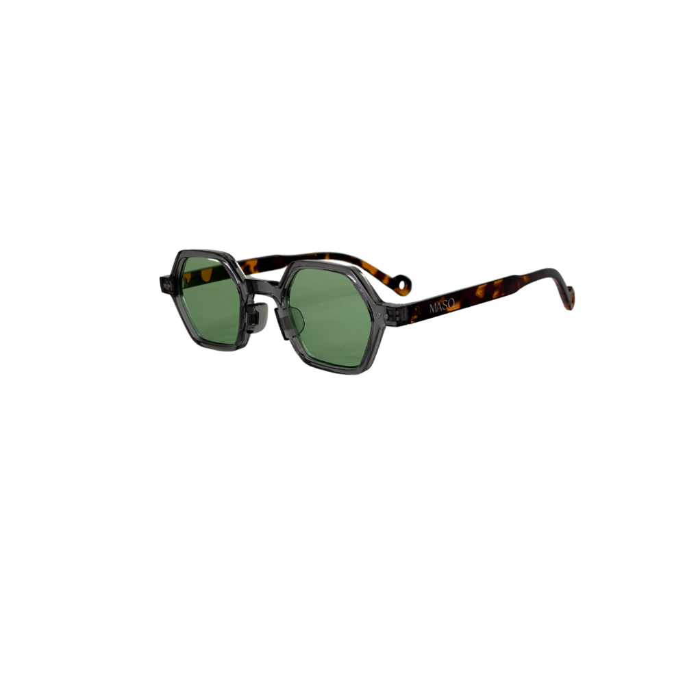 Sunglasses with tortoiseshell frame and green lenses on a white background