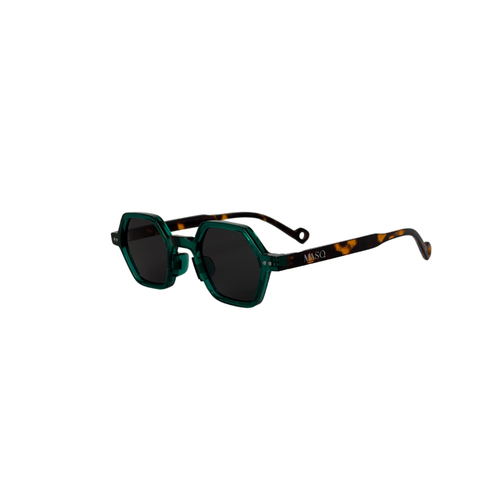 Sunglasses with green frame and dark lenses on a white background