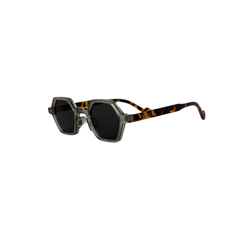 Sunglasses with tortoiseshell frame and dark lenses on a white background