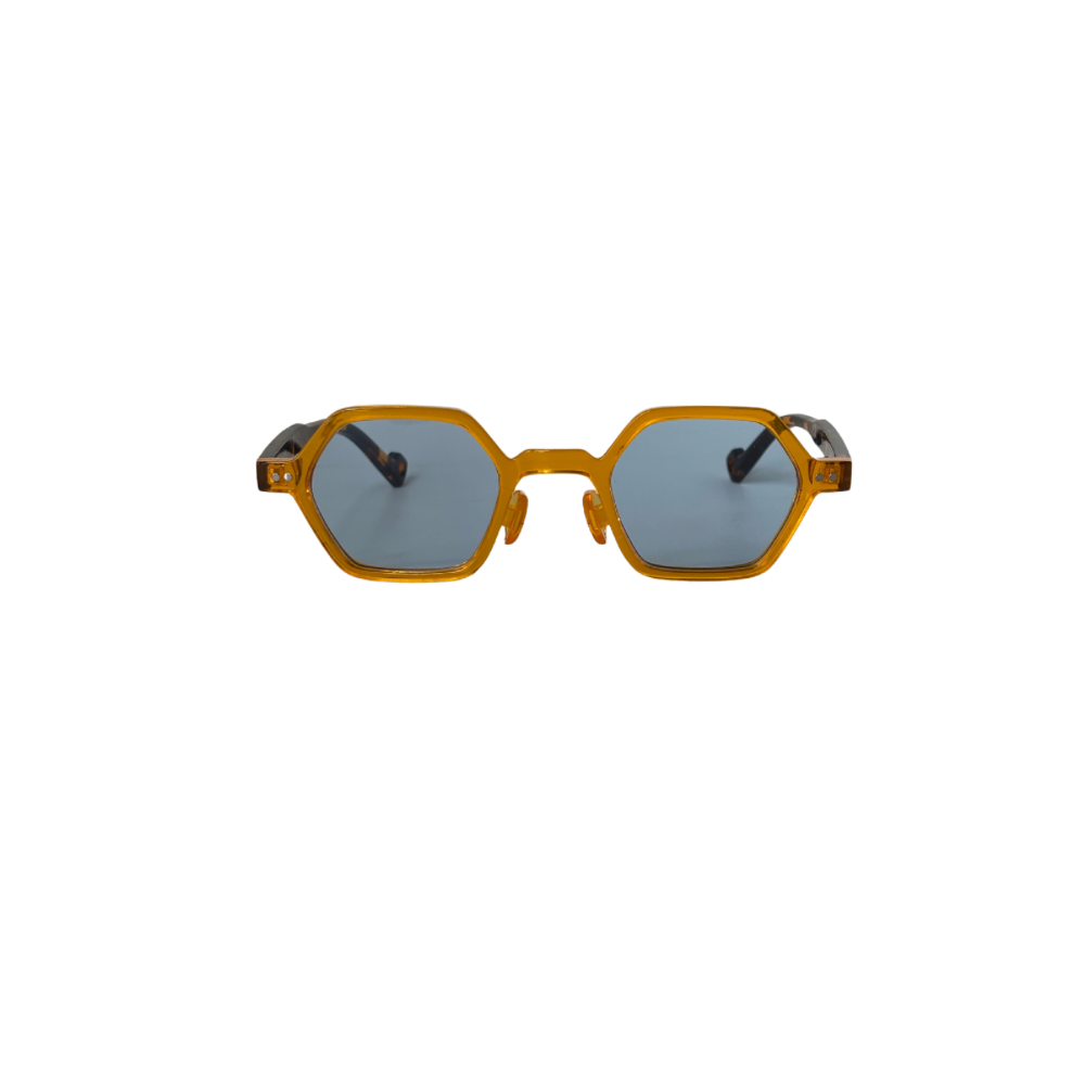 Sunglasses with gold frame and black lenses on a white background
