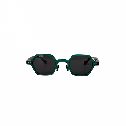 Green sunglasses with a white background