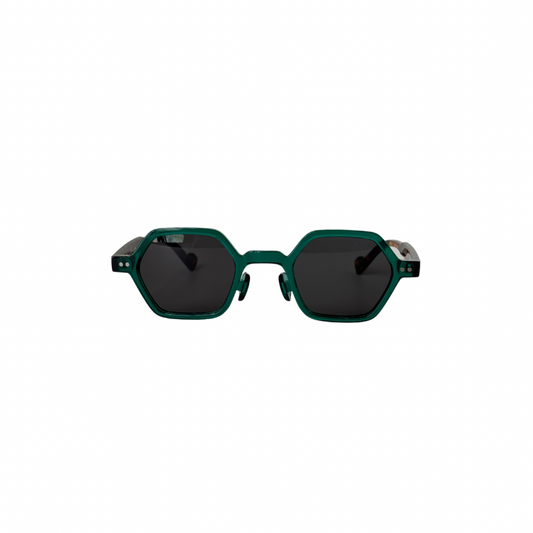 Green sunglasses with a white background